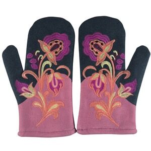 Embroidered Floral‎ Felt Mittens Womens Pink Boho Folk Art Fleece Lined